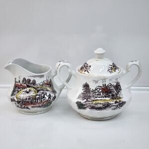 VTG Staffordshire Yorkshire Creamer & Sugar Bowl w Lid Farm Scene Ironstone READ